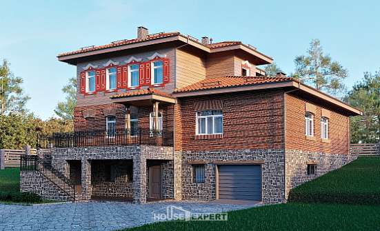 380-002-Л Проект трехэтажного дома, гараж, современный коттедж из кирпича Карачаевск | Проекты домов от House Expert